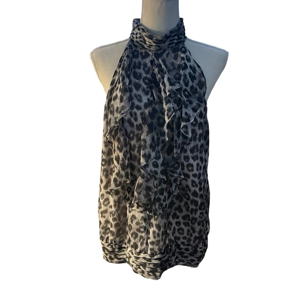 Apt 9 Black Gray White Animal Print blouse Sleeveless size LG high neck ruffles - Picture 15 of 15